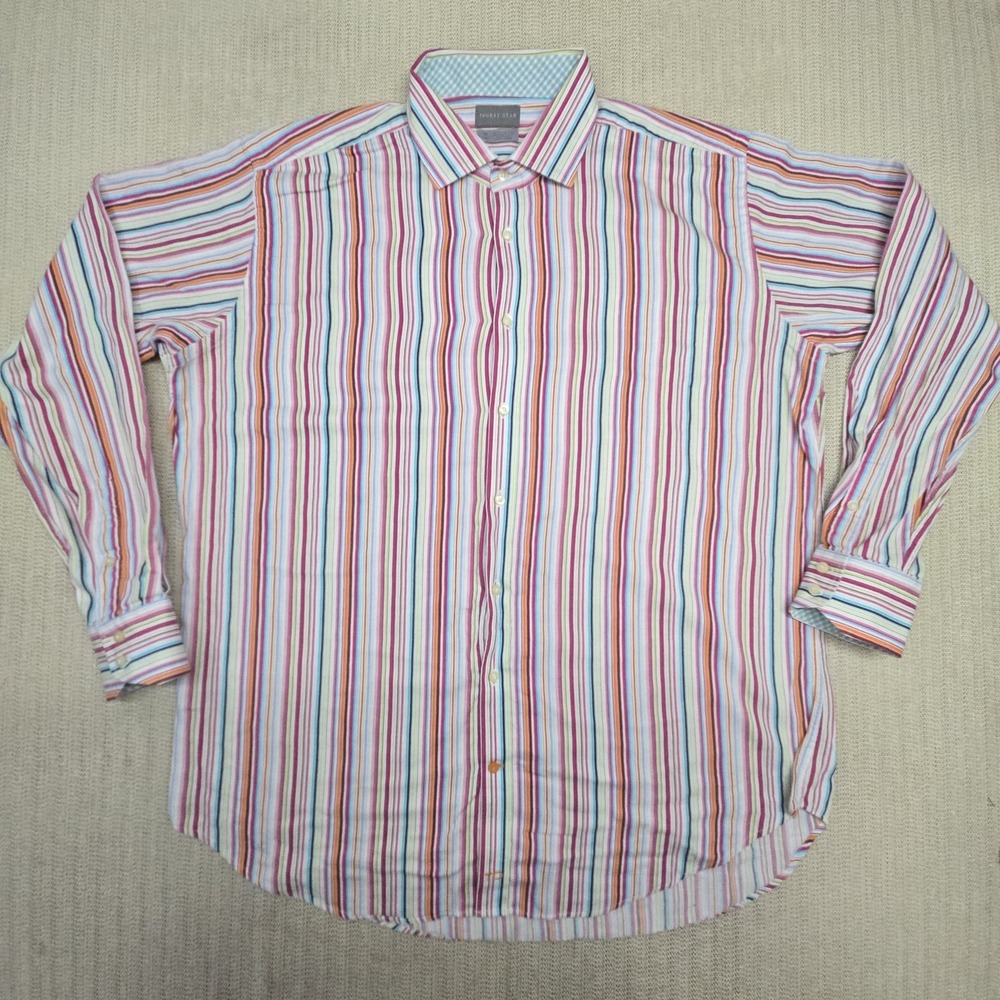 Thomas Dean Shirt Mens 2XL Multicolor Stripe Long Sleeve Cotton Dress Button Up